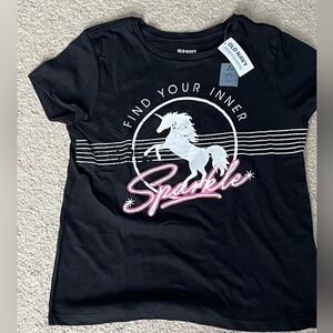 NWT Girls Old Navy Black Tee Shirt with Unicorns and Glitter Size L (10-12)